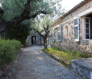 Φωτογραφία που δείχνει ένα πέτρινο κτήριο το οποίο έχει μπροστά του ένα πέτρινο μονοπάτι και πολλά δέντρα